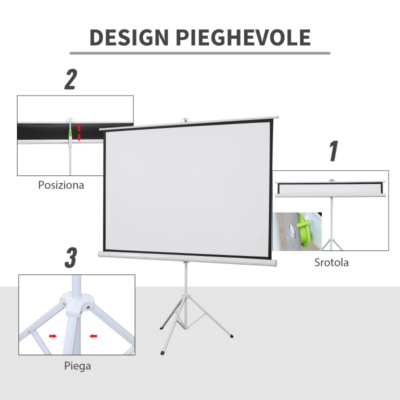 HOMCOM Telo Proiettore da 84 Pollici 4K HD Formato 4:3 con Treppiede Pieghevole e Altezza Regolabile, Schermo per Proiettore Portatile, Grandangolo di 160 Gradi, per Casa Home Cinema Esterno, Bianco