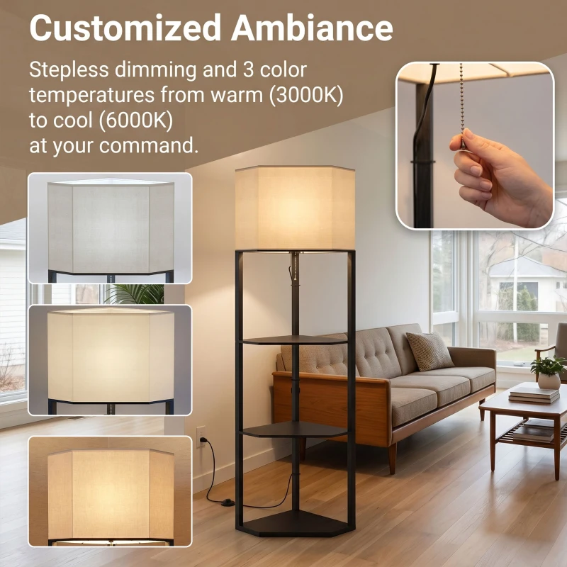 HOMCOM Corner Floor Lamp with Shelves and Lights, Modern Dimmable Standing Lamp with 3000K/4000K/6000K Colour Temperature
