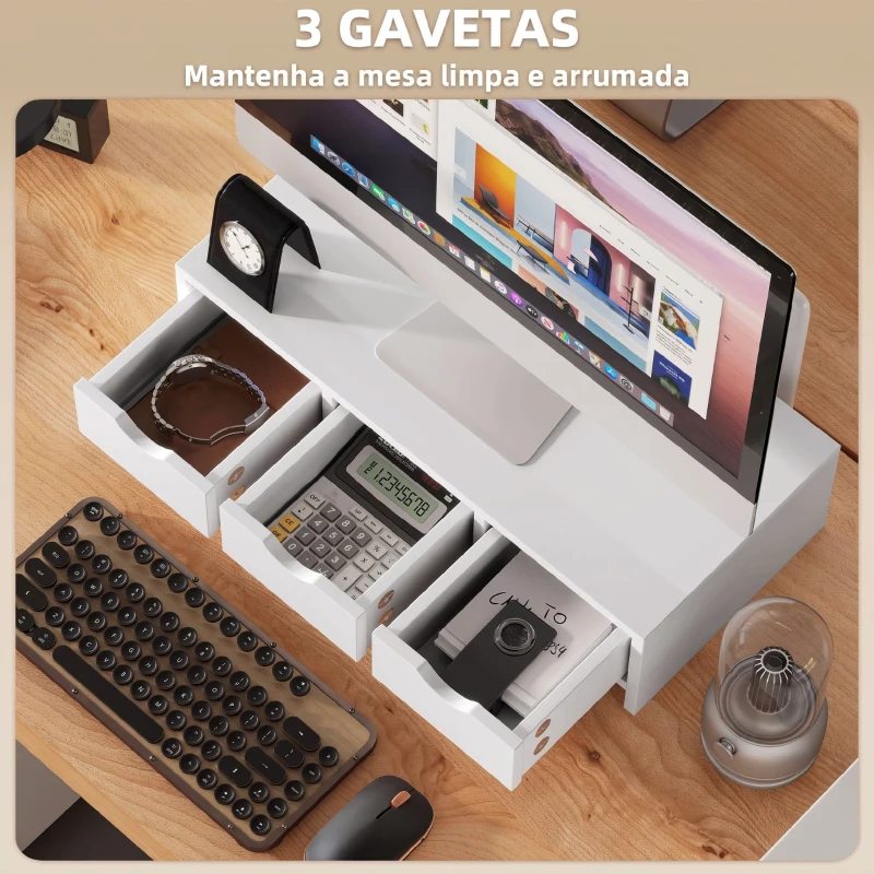 HOMCOM Suporte Elevatório para Monitor de Secretária com 3 Gavetas para PC e Portátil 51x24x13 cm Branco