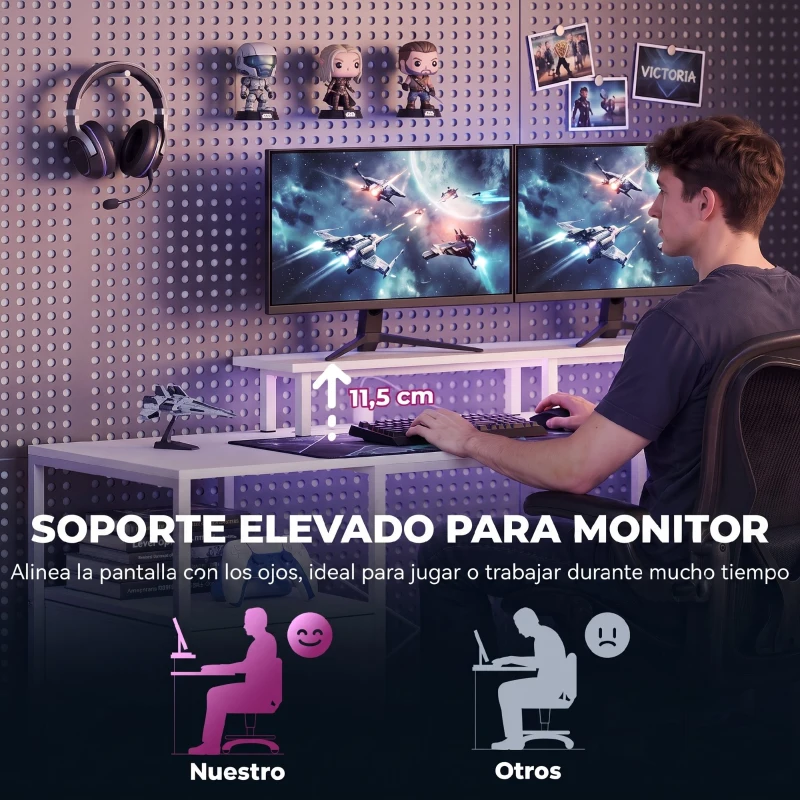 HOMCOM Mesa de Escritorio con Luces LED Cajones Tomas de Corriente Puertos USB y Soporte para Monitor 155,5x48x88,5 cm Blanco