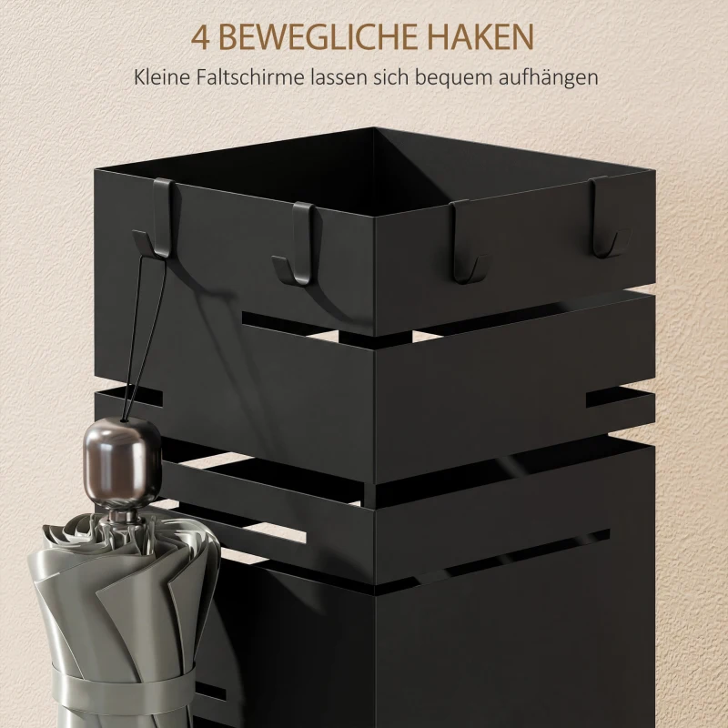 HOMCOM Stojak na parasole z metalu z wyjmowaną tacką ociekową i 4 haczykami 15,5 x 15,5 x 49 cm, Czarny