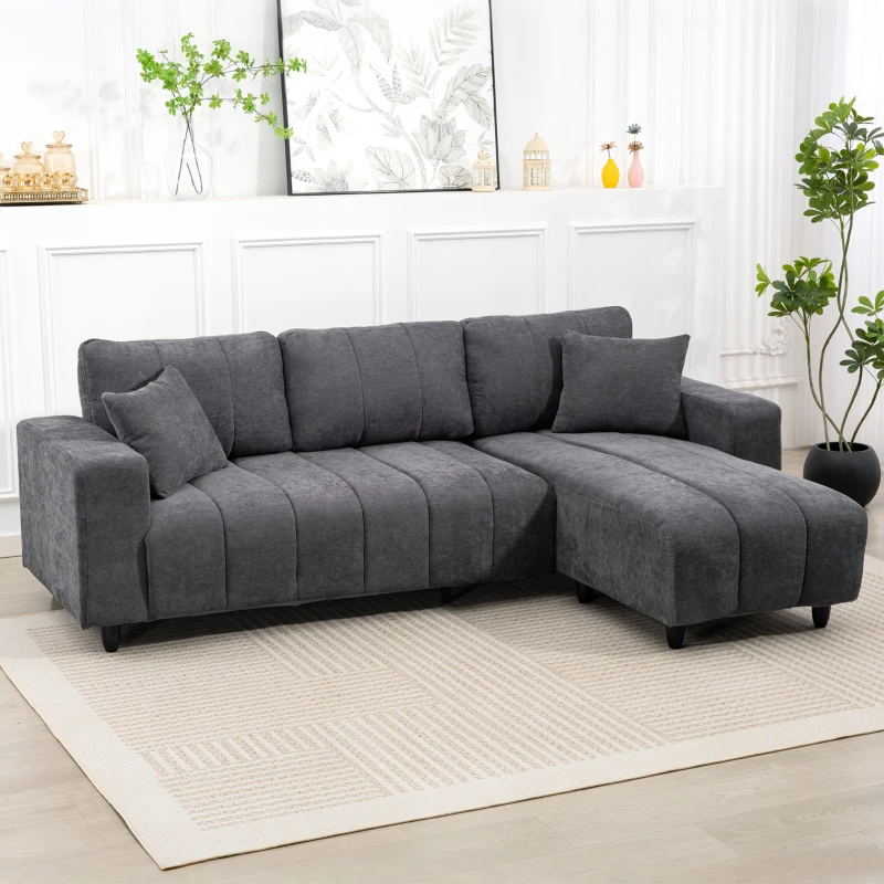 HOMCOM Sofá Chaise Longue Reversível 3 Lugares com 2 Almofadas Estofado em Linho e Estrutura em Aço 242x156x87 cm Cinzento Escuro