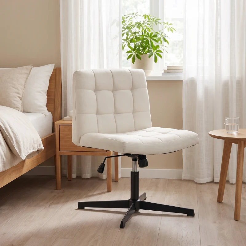 HOMCOM Armless Office Chair, Cross Legged Linen Computer Desk Vanity Chair with Wide Seat, Rocking Function, Beige