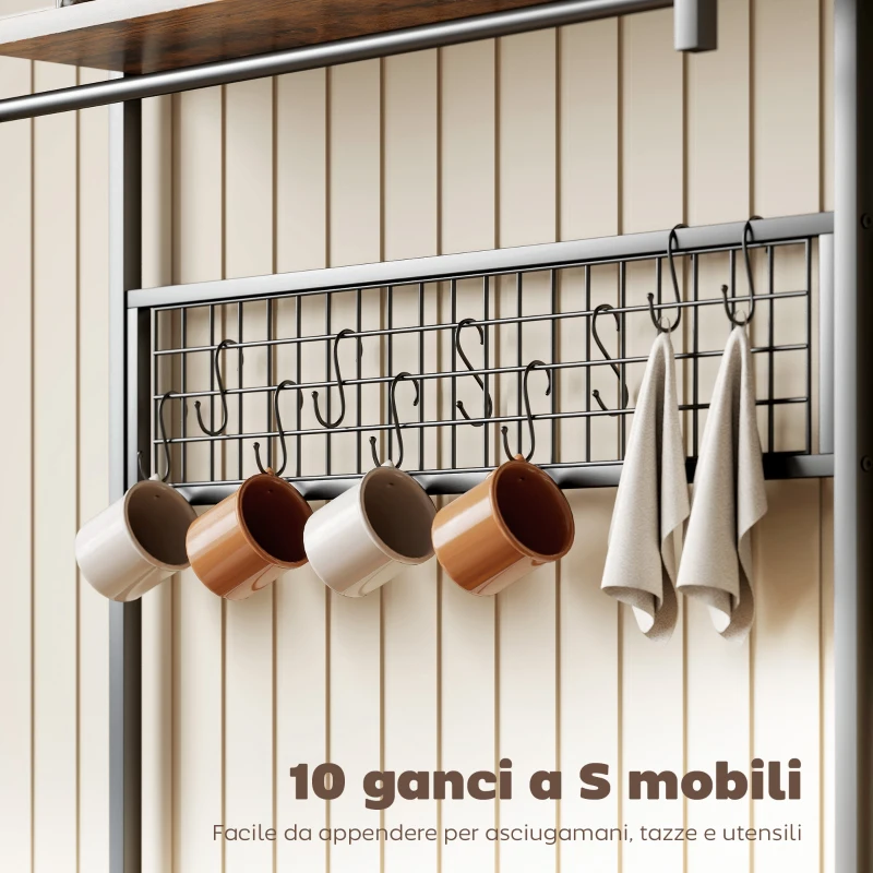HOMCOM Scaffale Cucina con Prese e LED, Angolo Caffè, Asta Appendiabiti, Pannello in Metallo, 5 Ripiani, Cestello, 10 Ganci, Marrone Rustico
