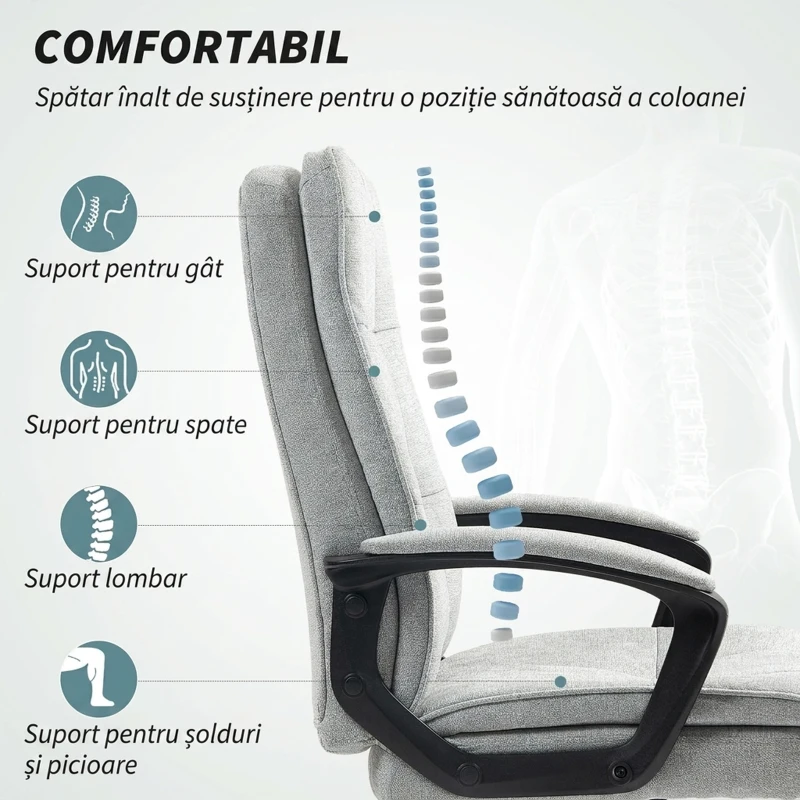 HOMCOM Scaun de Birou Ergonomic cu Spătar Înalt, Înălțime Reglabilă, Funcție de Leagăn și Brațe, 63x70x102-112 cm, Gri