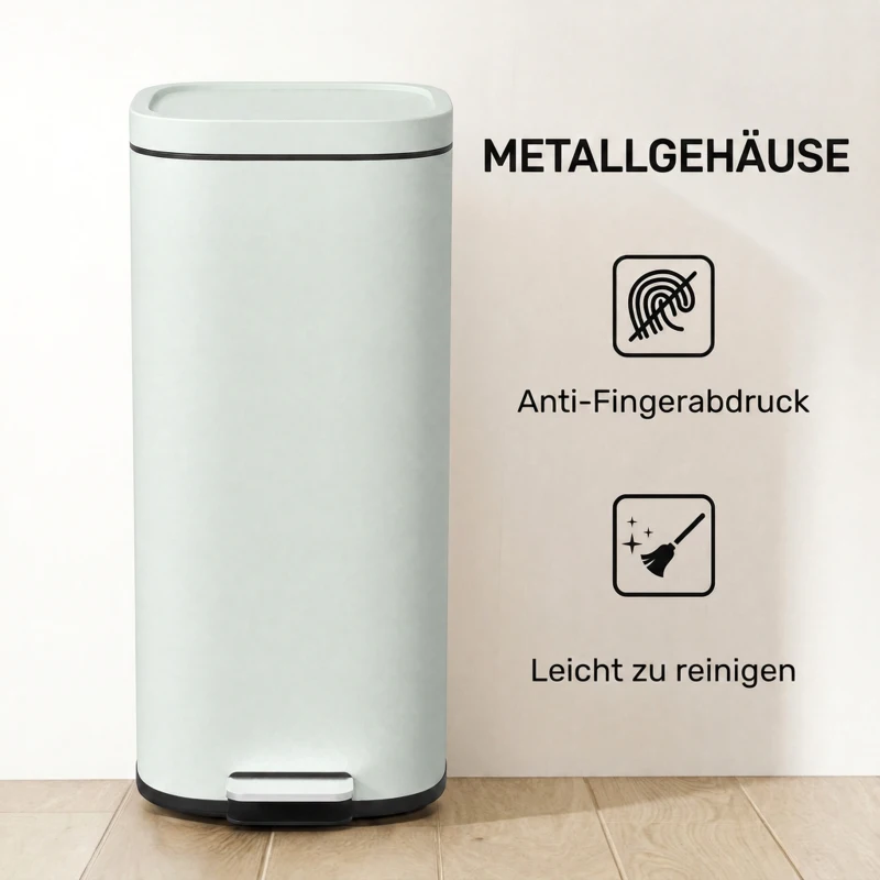 HOMCOM 30L Küchenmülleimer Pedaleimer mit Deckel, Soft-Close- und Offenhalte-Funktion für Küche, Zuhause