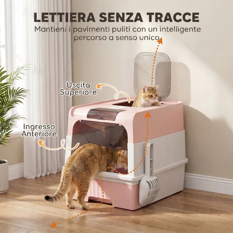 PawHut Lettiera per Gatti Chiusa con Vassoio Estraibile, Paletta e Deodorante, 48x35x36 cm, Rosa