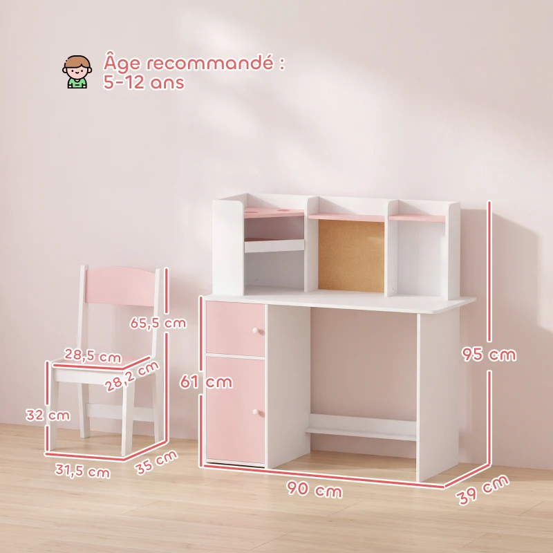 AIYAPLAY Bureau Enfant avec Chaise, Table d'Étude, Support de Tablette Réglable, Porte-Stylos, Panneau en Liège, 5-12 ans, Rose