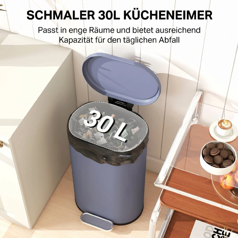 HOMCOM Mülleimer Küche 30 Liter Treteimer mit Soft-Close-Deckel, Pedal aus Metall, Grau, 36,5 X 31 x 61 cm