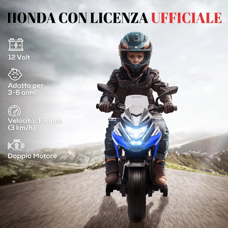 AIYAPLAY Moto Elettrica per Bambini 3-6 Anni Licenza Honda, 12V Doppi Motori, Rotelle, 3 km/h, Max 30kg, Blu