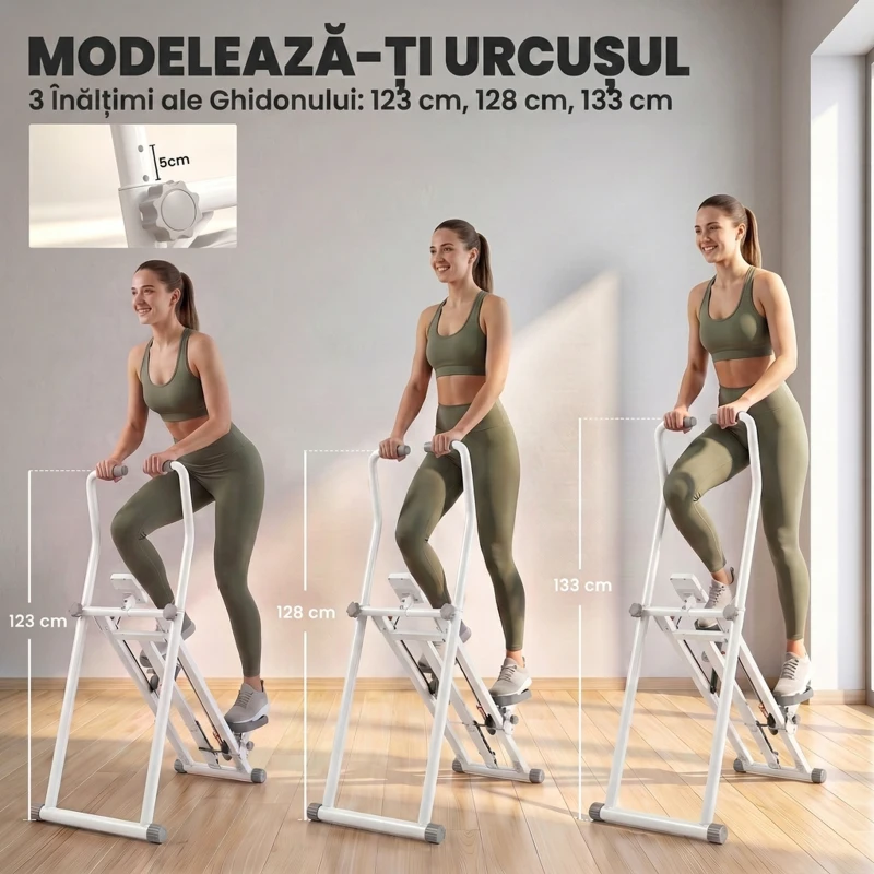 SPORTNOW Stepper Vertical Fitness cu Mânere Reglabile pe 3 Niveluri, Display LCD și Design Pliabil, 90x50x133 cm, Alb