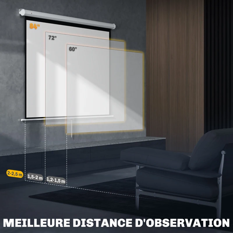 HOMCOM Écran de projection de 84 pouces, écran vidéoprojecteur, 4:3 4K HD, fixation mur ou plafond, 181l x 8P x 138H cm, blanc