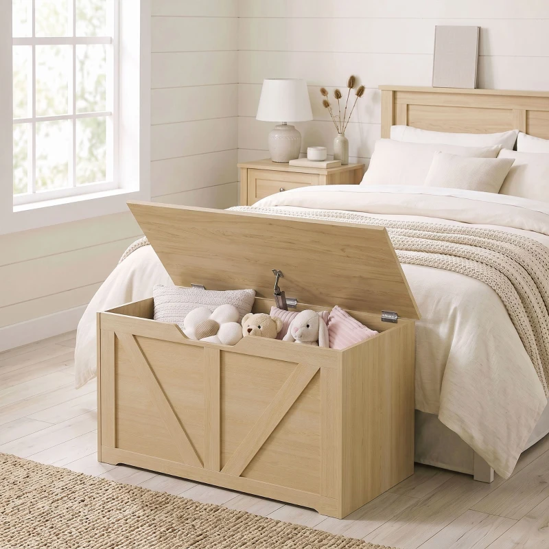 HOMCOM 100L Home Storage Box, with Safety Hinge - Nature Wood Finish