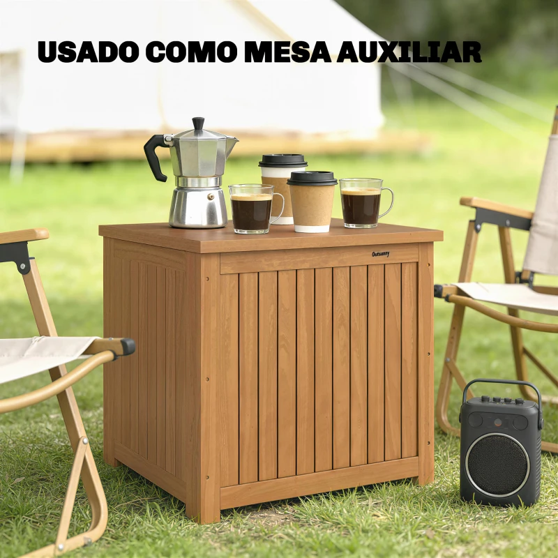 Outsunny Arcón Exterior de Madera 130L Baúl Almacenaje Exterior con Forro Tapa con Bisagras y Correa 63x51x58,5 cm Marrón