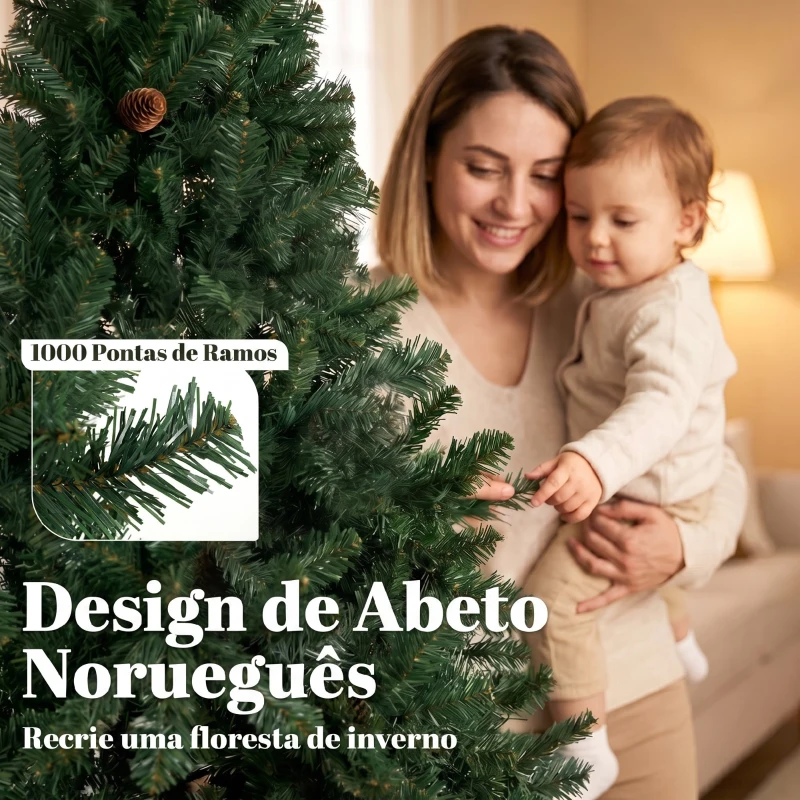 HOMCOM Árvore de Natal Artificial 200 cm com 1000 Ramos, Base Dobrável, Design por Secções e Montagem Fácil, Verde