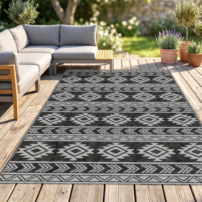 Outsunny Alfombra de Exterior Reversible 182x274 cm Impermeable Anti-UV para Viajes en Autocaravana Negro y Gris