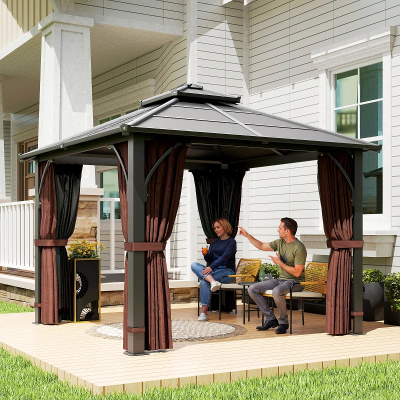 Outsunny 3 x 3(m) Hardtop Gazebo Canopy with 7mm Polycarbonate Double-Tier Roof, Garden Gazebo Permanent Pavilion with Mosquito Netting and Curtains for Patio, Terrace, Brown