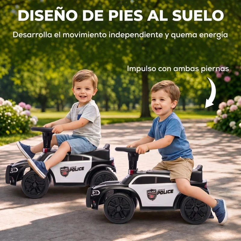 AIYAPLAY Coche Correpasillos de Policía para Niños de 18-36 Meses con Luz Música y Espacio de Almacenaje 65x29,5x36 cm Negro