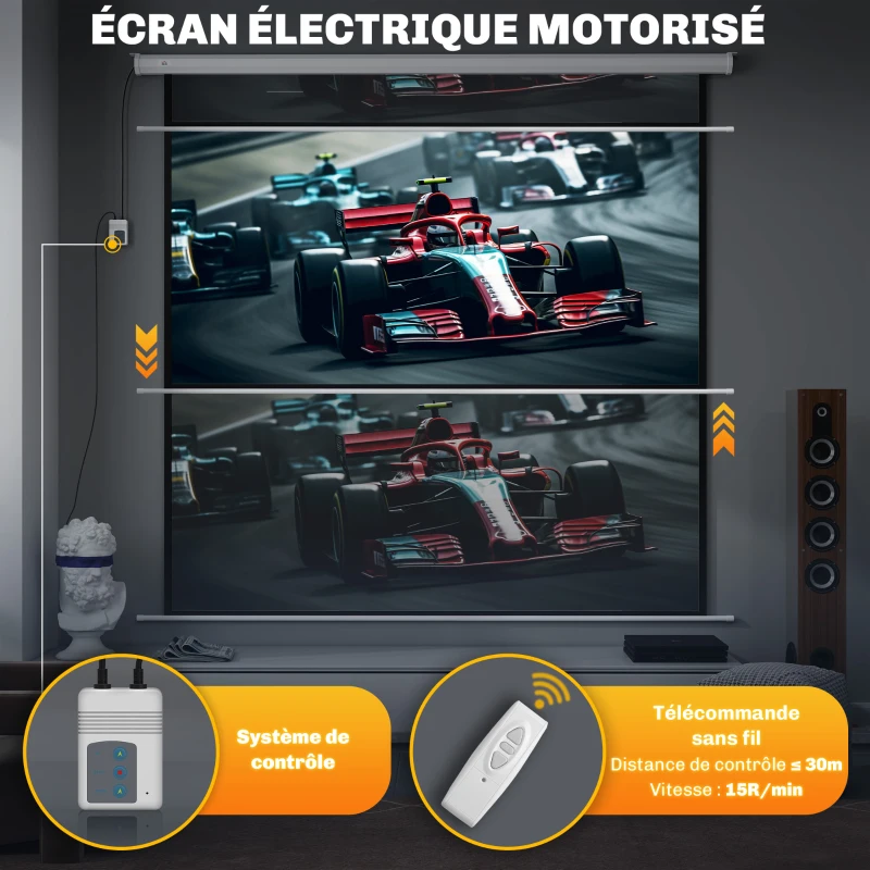 HOMCOM Écran de projection motorisé 120 Pouces, 4K HD électrique, montage mural ou plafond, panneau de commande et télécommande
