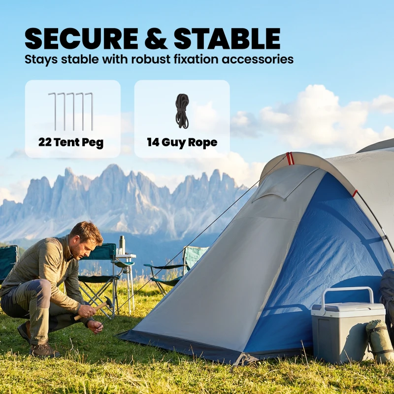 Outsunny Family Camping Tent 3000mm Waterproof Windproof Tunnel Tent 6 Person, Navy Blue & Light Grey
