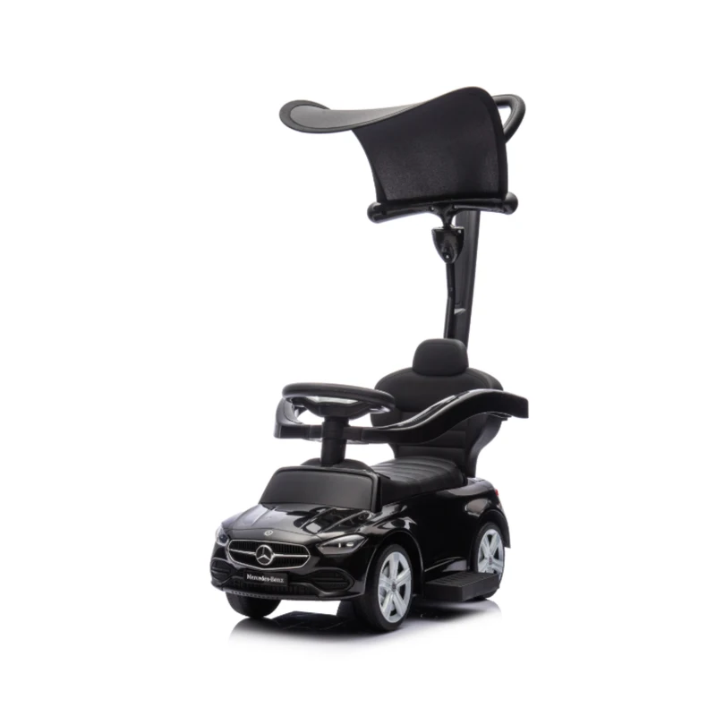AIYAPLAY 3 in 1 Licensed Benz Ride on Push Car with Handle, Canopy, Guardrails, Horn, Music, Storage for 12-36 Months, Black
