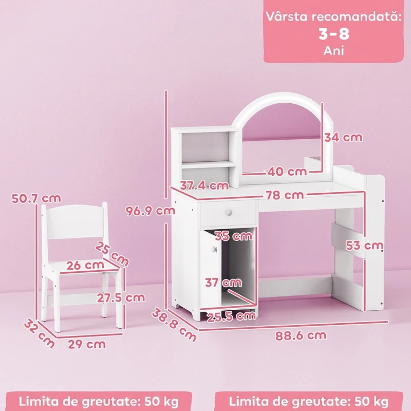 AIYAPLAY Set Măsuță de Toaletă pentru Copii, cu Oglindă și Scaun