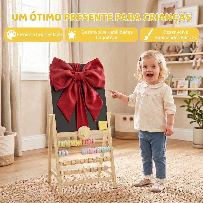 AIYAPLAY Cavalete Infantil em Madeira com Quadro de Dupla Face, Relógio, Ábaco e Apagador, a partir de 2 Anos, Natural