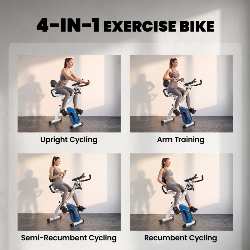 SPORTNOW 4-In-1 Folding Exercise Bike with Resistance Bands, Bluetooth App, 8-Level Magnetic Resistance, LCD Display, Blue