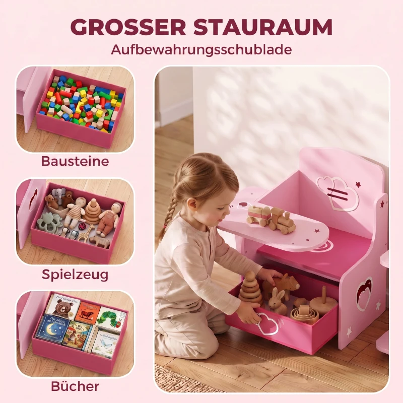 AIYAPLAY Kindertisch mit Stuhl 2-in-1 Integrierte Kindersitzgruppe mit Stauraum Platzsparend für Kinder 3-5 Jahren Rosa