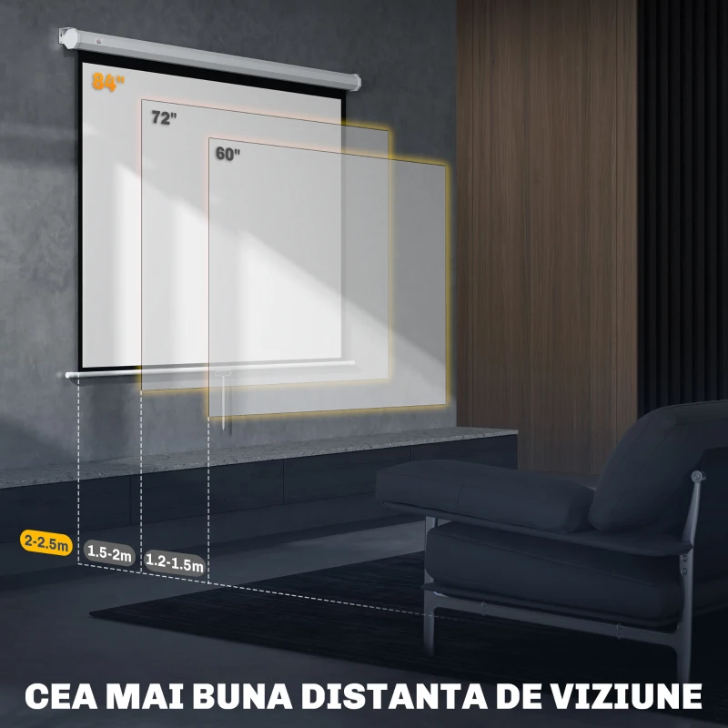 HOMCOM Ecran Proiector 84" Format 4:3, Unghi de Vizualizare 160° și Montare pe Tavan sau Perete