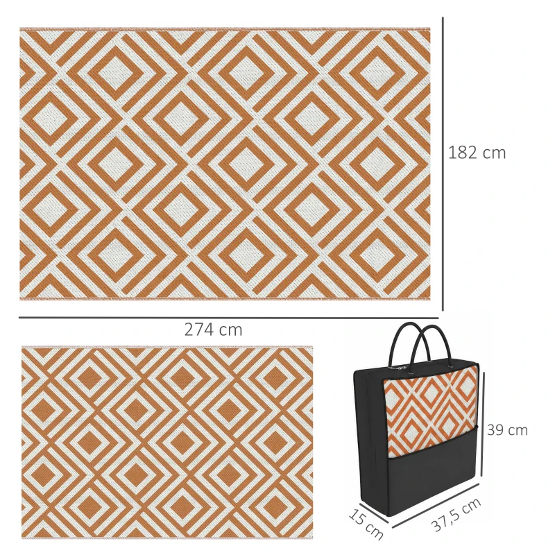 Outsunny Tapete de Exterior Reversível de Plástico Impermeável para para Varanda Pátio Campismo Praia 182x274cm Marrom e Branco