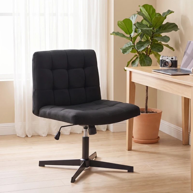 HOMCOM Armless Office Chair, Cross Legged Linen Computer Desk Vanity Chair with Wide Seat, Rocking Function, Black