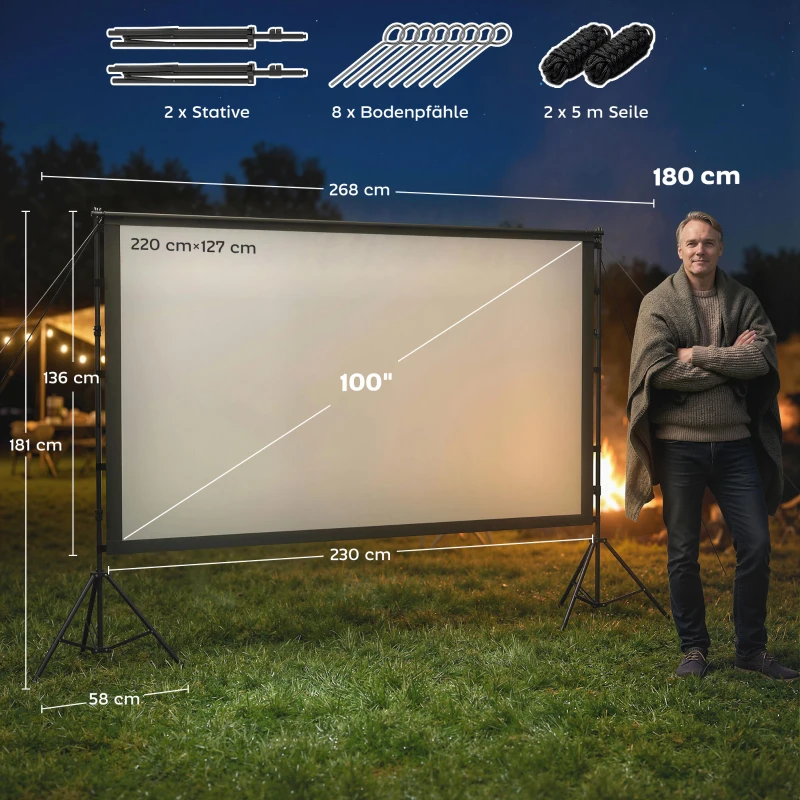 HOMCOM 254 cm 16:9 HD 4K/8K projectiescherm met standaard, draagbaar dubbelzijdig projectiescherm met inklapbare statieven, wit