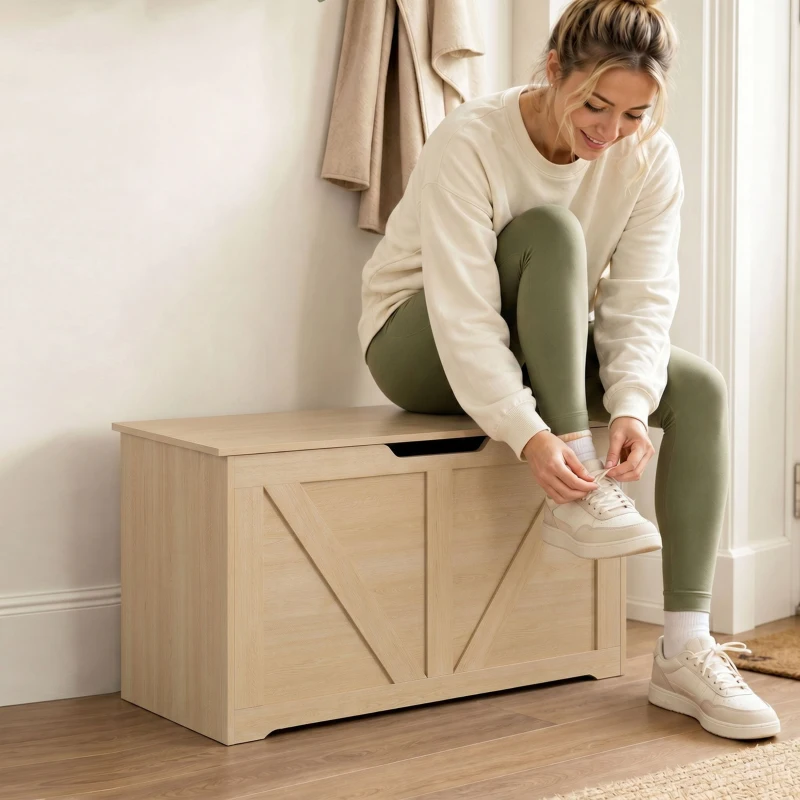 HOMCOM 100L Home Storage Box, with Safety Hinge - Nature Wood Finish