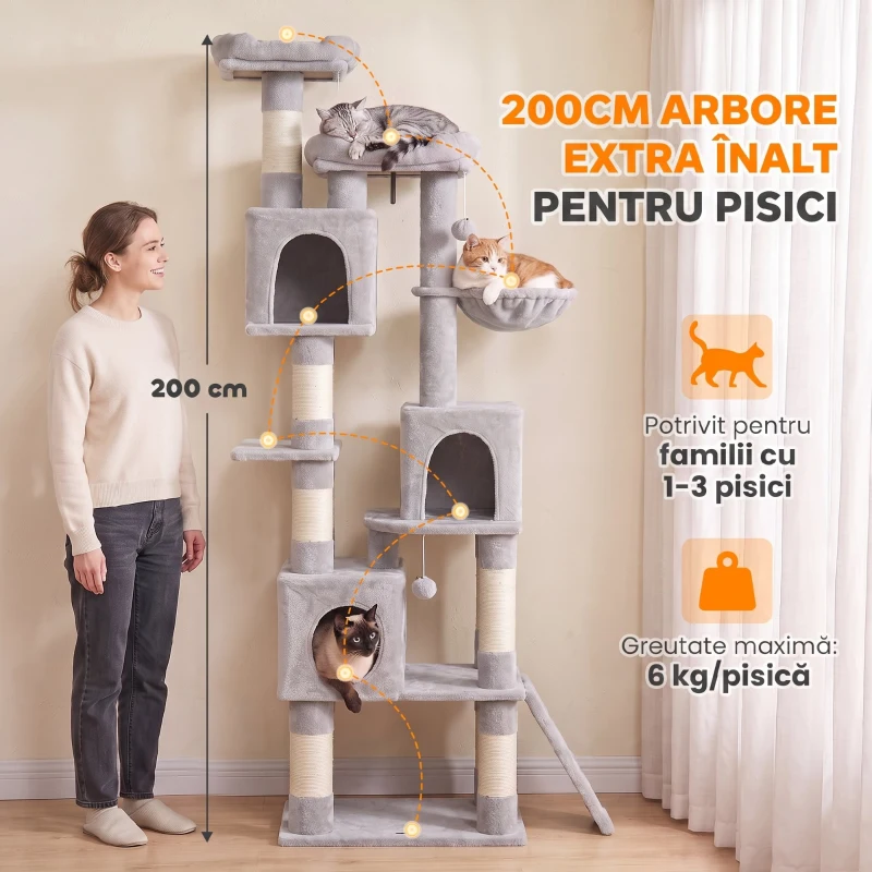 PawHut Ansamblu Pisici 200 cm, Plăci Aglomerate Pluș, Gri Deschis