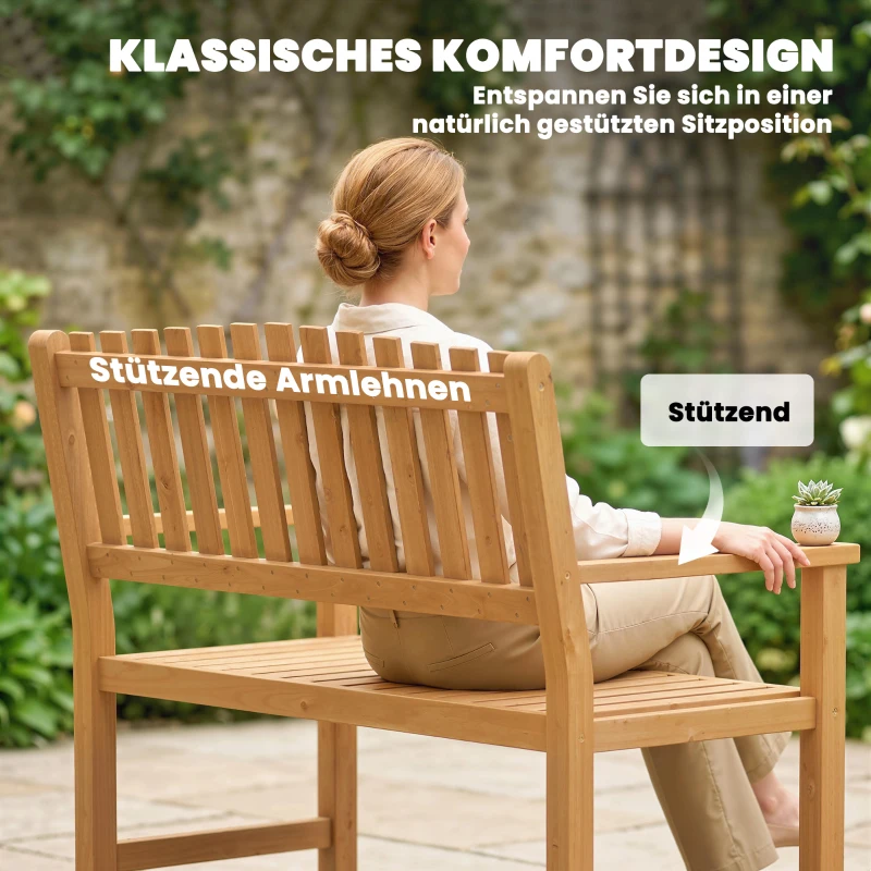 Outsunny Gartenbank 2-Sitzer Wetterfest Holzbank mit Lamelldesign Armlehnen, Holz Sitzbank bis 320 kg 112 x 64 x 92 cm Naturholz