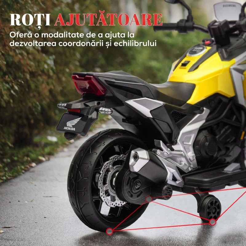 AIYAPLAY Motocicletă Electrică Copii, Licențiată Honda, Faruri Roți Antrenament, Galbenă