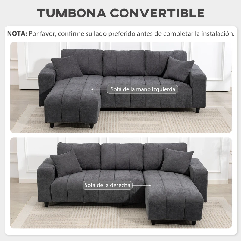 HOMCOM Sofá Chaise Longue Reversible de 4 Plazas 2 Almohadas Tapizado en Lino Marco de Acero 242x156x87 cm Gris Oscuro