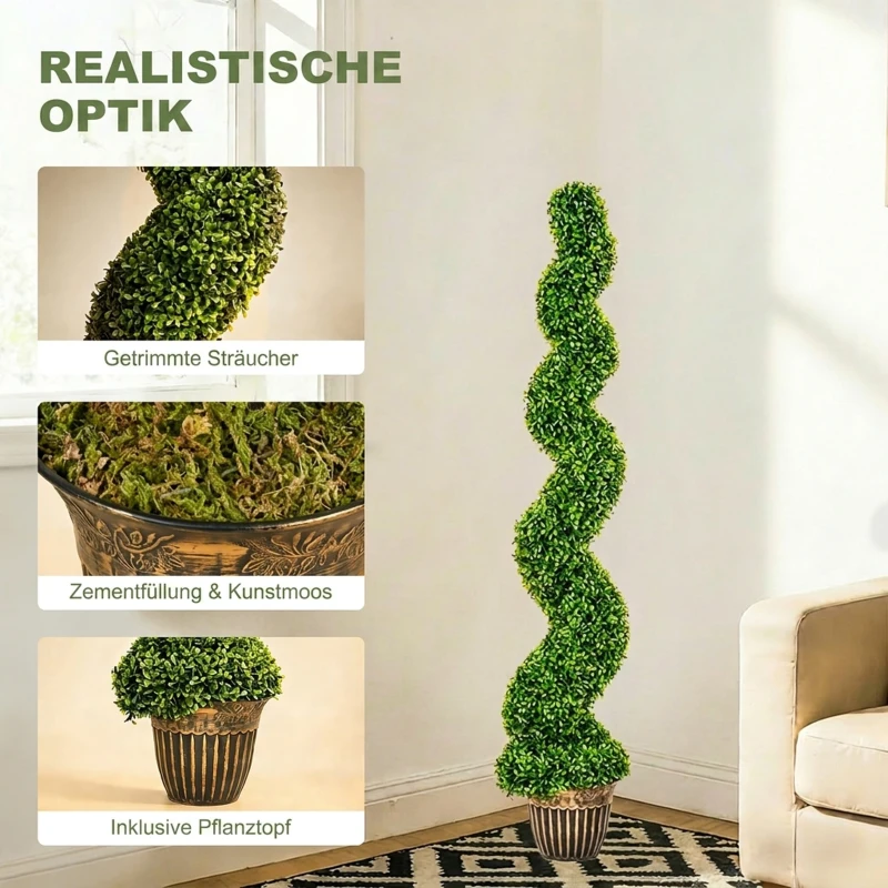HOMCOM Spiralförmiger Buchsbaum, 2er Set Kunstpflanzen, mit Topf, 150 cm Höhe, Grün