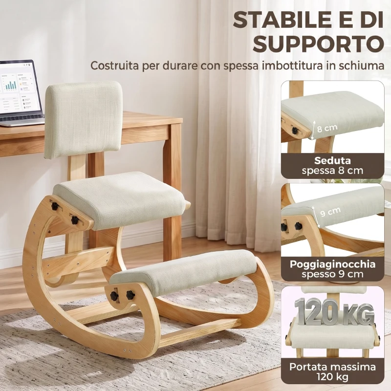 HOMCOM Sedia Ergonomica Inginocchiata in Tessuto Effetto Lino e Compensato di Betulla, Crema