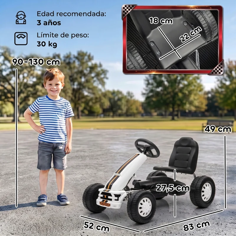 AIYAPLAY Go Kart para Niños de +3 Años con Asiento Ajustable Volante Freno Manual Marco de Aluminio y Acero Carga 30 kg Blanco