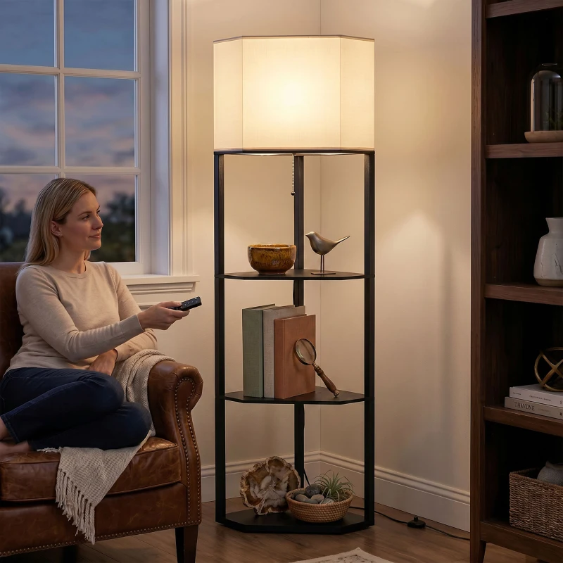 HOMCOM Corner Floor Lamp with Shelves and Lights, Modern Dimmable Standing Lamp with 3000K/4000K/6000K Colour Temperature