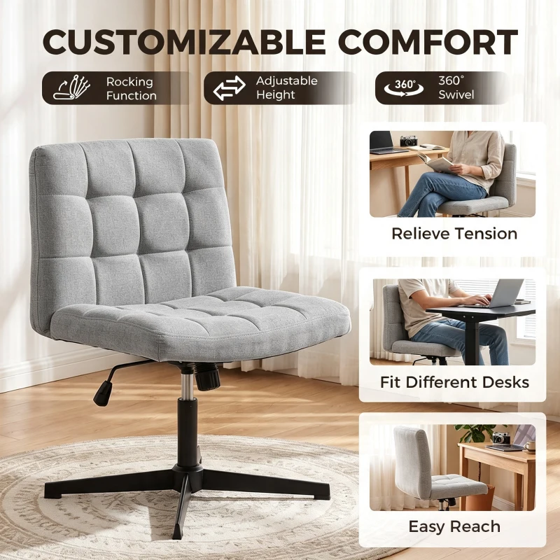 HOMCOM Armless Office Chair, Cross Legged Linen Computer Desk Vanity Chair with Wide Seat, Rocking Function, Grey