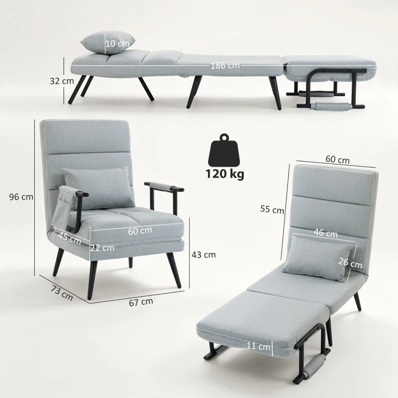 HOMCOM Sillón Cama Plegable 3 en 1 Tapizado en Lino Respaldo Ajustable Almohada con Funda Lavable 67x73x96 cm Gris Claro
