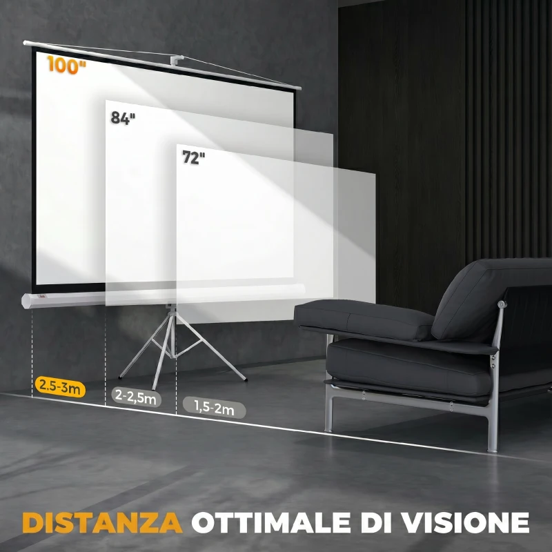 HOMCOM Telo Proiettore Pieghevole da 100" Formato 16:9 con Treppiede Regolabile, 235.8x8x136 cm, Bianco