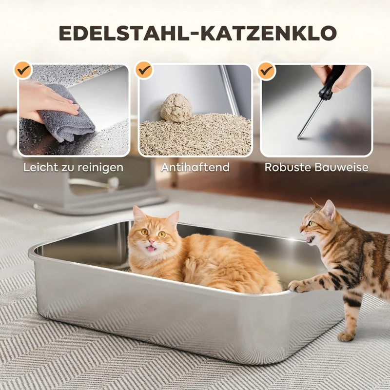 PawHut XXL Edelstahl-Katzentoilette mit Klappdeckel, Katzenklo mit Schaufel, für große Katzen bis zu 15 kg, leicht zu reinigen(m-4)