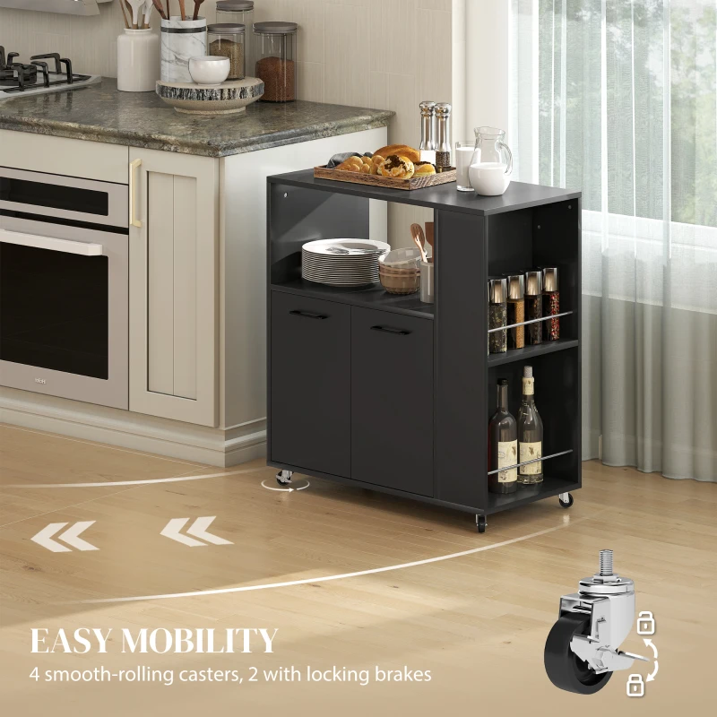HOMCOM Kitchen Trolley on Wheels, Rolling Kitchen Island Cart with 2-Door Cabinet, Spice Rack and Adjustable Shelf, Black