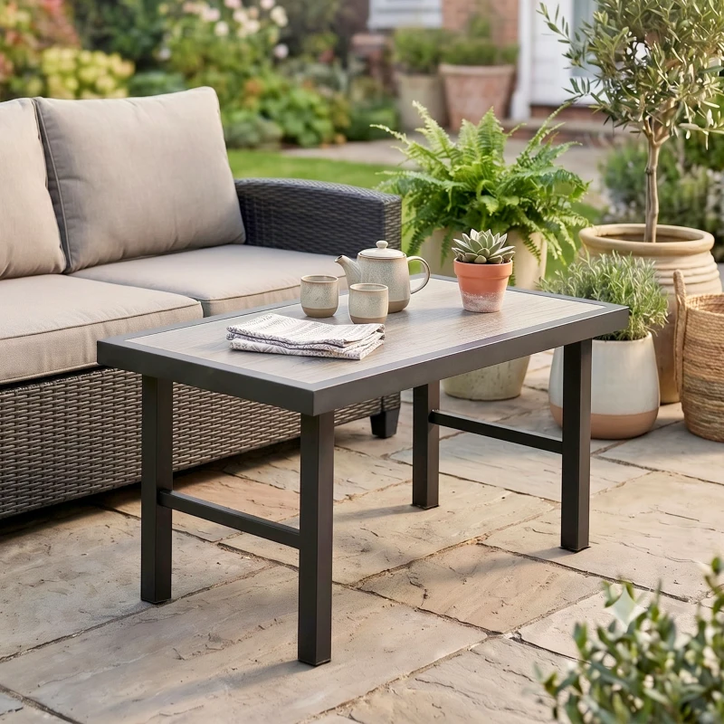 Outsunny Metal Garden Coffee Table, Outdoor Side Table with SPC Woodgrain Tabletop for Outside, Garden, Balcony, Porch, 100 x 53 x 46cm, Grey