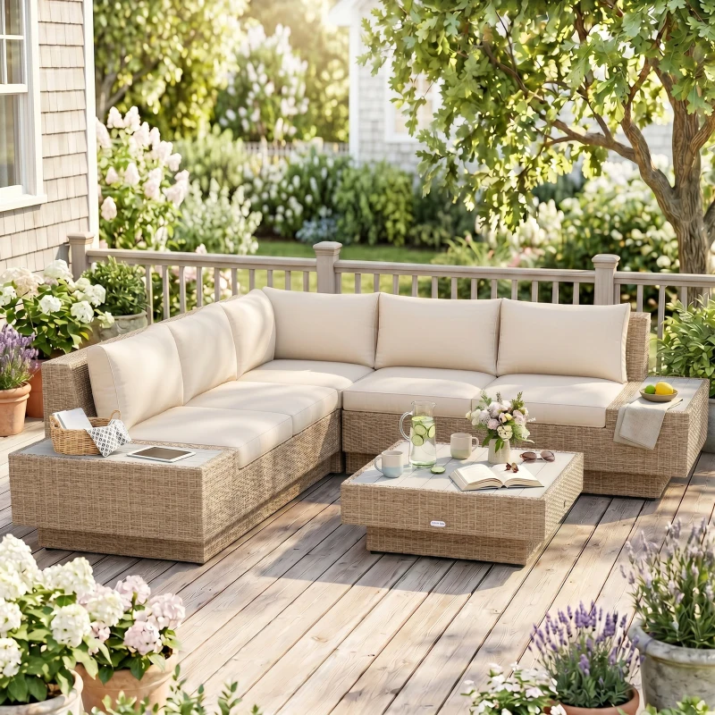 Outsunny 4 Pieces Rattan Garden Furniture Set, Garden Corner Sofa with Side Trays, Wicker Conservatory Furniture Set with Loveseats, Slatted Plastic Top Coffee Table and Cushions, Beige