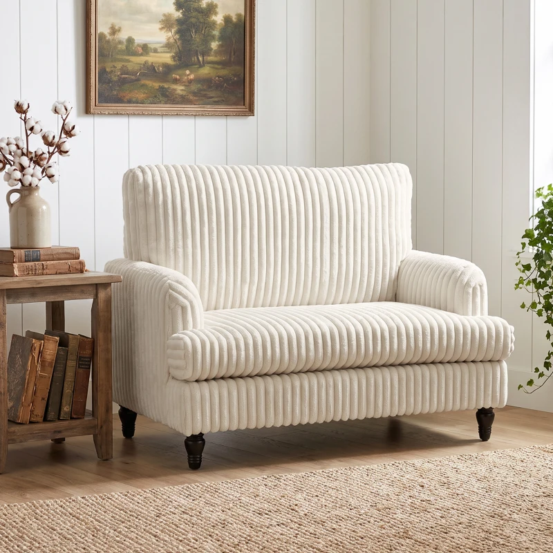 HOMCOM Corduroy Single Sofa Armchair, Modern Accent Chair with Stripes, Turned Legs and Wide Seat, Cream